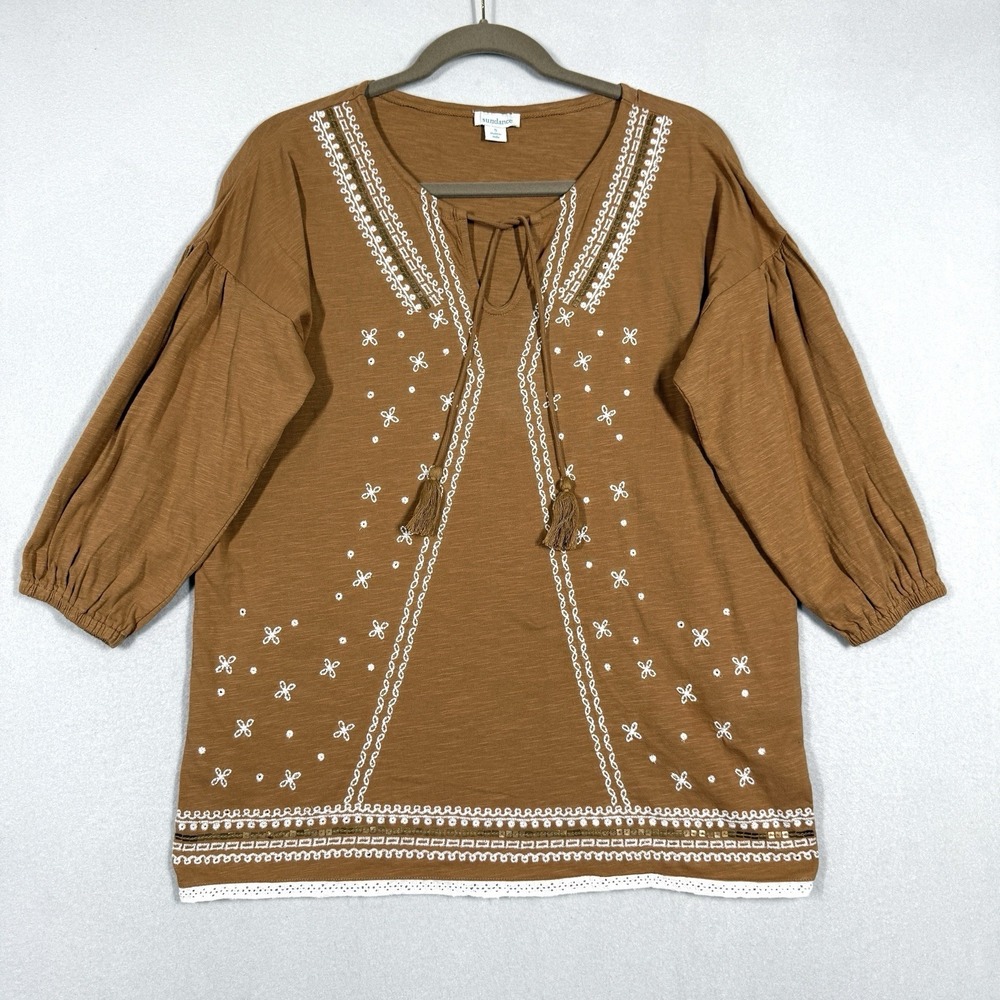Sundance Top Womens Small Artie‎ Embroidered Tassel Peasant Blouse Caramel Brown